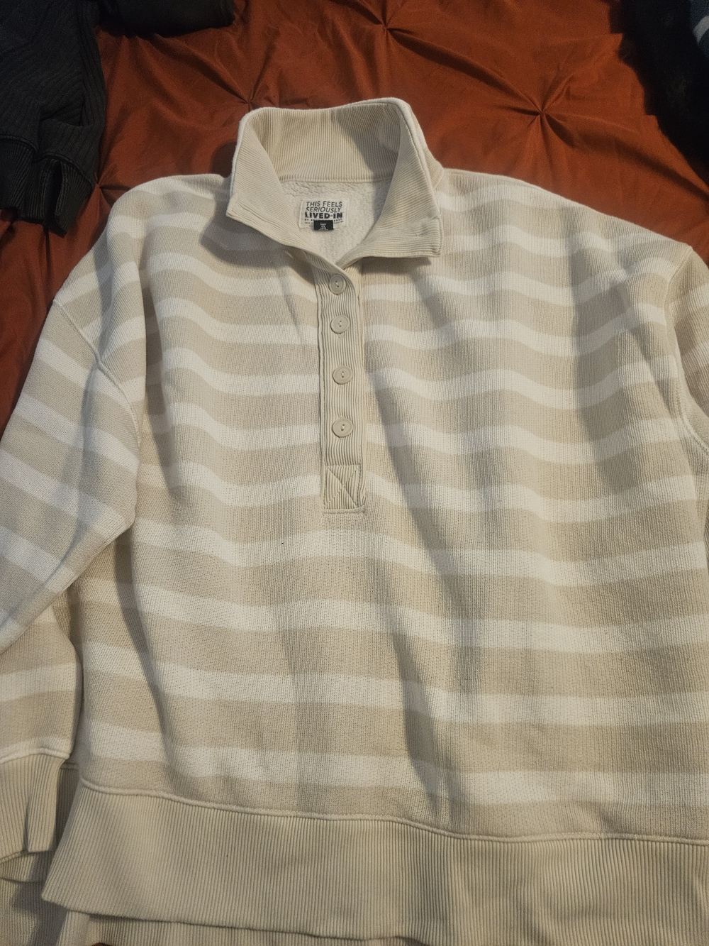 American Eagle Outfitters Beige and White Striped Quarter-Button Pullover